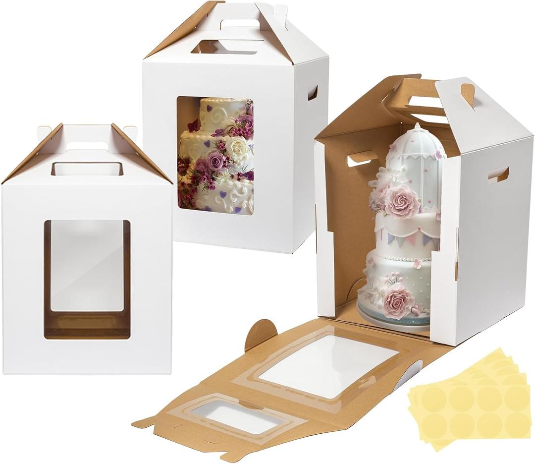 Wowxyz 3 Pack Tall Cake Boxes for Tier Cakes 14x14x16 Inch Disposable Layer Tall Baking Carrier with Window Large Tierd Bakery Take Out Transport Containers with Handle for Wedding, Birthday, Party