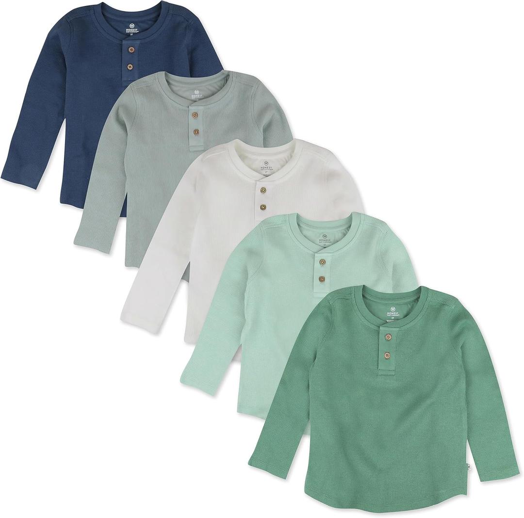 HonestBaby 5-Pack Waffle Henley Long Sleeve Shirts 100% Organic Cotton for Infant Baby and Toddler Boys, Unisex (3T, Good Natured)