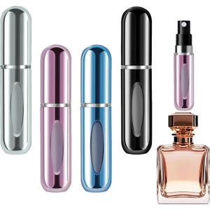 opasyo 4 Pcs Mini Refillable Perfume Portable Atomizer Bottle, 5ml Bottom-Fill Perfume Spray Scent Dispenser, Leak-Proof Travel Pump for Cologne, Aftershave & Purse (Silver/Pink/Blue/Black/)