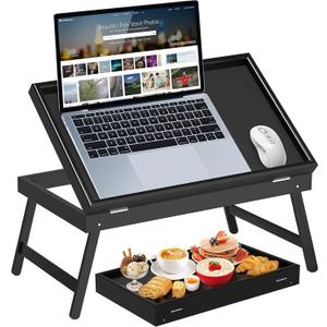 Bamboo Bed Tray Table,Breakfast Trays with Folding Legs,Kitchen Serving Tray for Sofa,Eating and Working,Used As Laptop Desk Snack Tray,Black