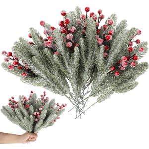 60 Pcs Christmas Artificial Snowy Pine Needles Branches with Red Berry Stems Pine Tree Decor 11.4'' Pine Needles for Winter Holiday Xmas Wreath Garland Home Garden Party Decoration