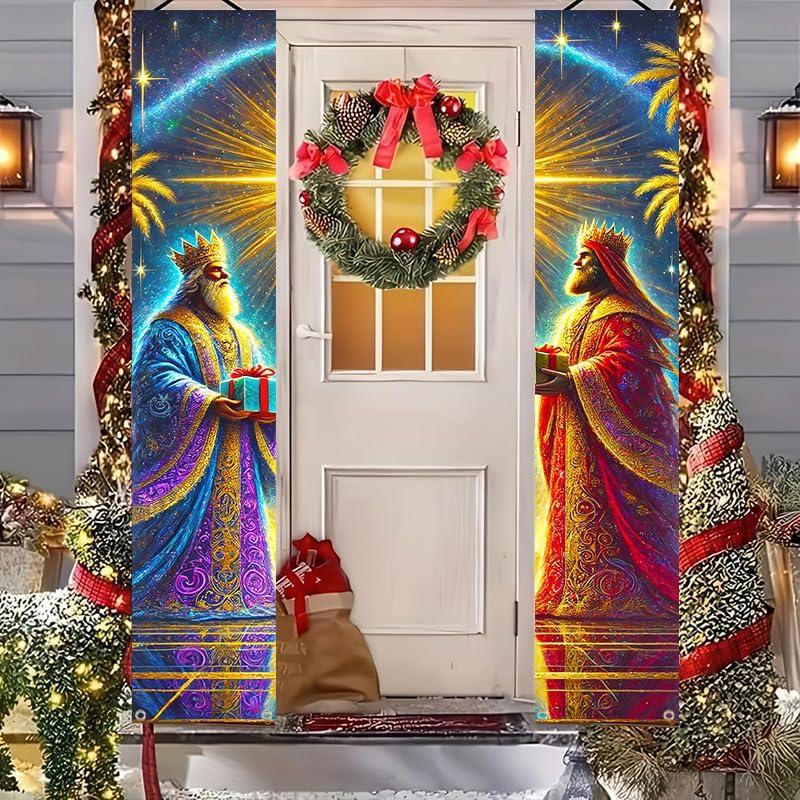 IVN Christmas Door Banner Decorations 2 Pcs 71 x 12 Inches Vertical Holiday Hanging Sign Set for Entryway Wall or Porch Display (Nativity Magi  Golden Star Scene)