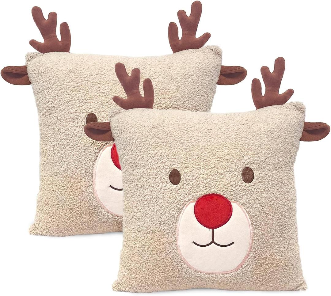BirdNest Reindeer Christmas Throw Pillow Covers 18x18 inch Set of 2 Christmas Decoration Throw Pillows 3D Embroidery Deer Pillowcases Xmas Decorations for Sofa Couch (Khaki)