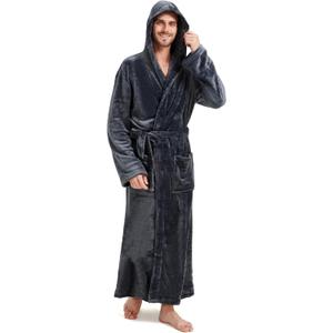 Cozy Plush Fleece Robe for Men, Big and Tall Hooded Long Robe, Warm Loungewear, Shawl Collar Pocketed Bathrobe (Grey)