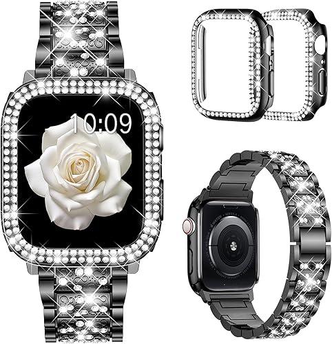 Mosonio Compatible with Apple Watch Band 38mm 40mm 41mm 42mm 44mm 45mm 46mm 49mm with 2 Pack Case Women, Jewelry Replacement Metal Bands Strap with Bling PC Protective Case for iWatch Ultra SE Series Mosonio Compatible with Apple Watch Band 38mm 40mm 41mm 42mm 44mm 45mm 46mm 49mm with 2 Pack Case Women, Jewelry Replacement Metal Bands Strap with Bling PC Protective Case for iWatch Ultra SE Series