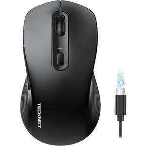 TECKNET Rechargeable Bluetooth Mouse, [ USB + BT5.0 + BT3.0 ] Wireless Mouse, Ergonomic Design, Silent Click, 6-Level 4800 DPI Wireless Mice, 3-Device Switching for Laptop, Computer, iPad, MacBook (Black)