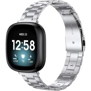 Wearlizer Compatible with Fitbit Versa 4/3 Bands/Fitbit Sense Bands for Women & Men, Stainless Steel Ultra-Thin Lightweight Metal Replacement Strap for Versa 4/Sense (Silver)