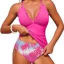 ZAFUL Tankini Swimsuits for Women Smocked Two Piece Tankinis Modest Tummy Control Bathing Suit Adjustable Straps Push Up Swimsuits with High Waisted Bottom Slimming Full Coverage Swimwear Hot Pink S