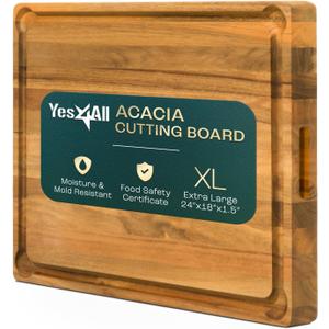 Yes4All Extra Large Acacia Wood Cutting Board for Kitchen, 24''L x 15''W x 1.5'' Thick, Durable Edge Grain Design with Juice Grooves, Pre-Oiled, Easy Grip Handle, Ideal for Chopping and Serving (24"L x 18"W)
