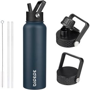 BJPKPK Insulated Water Bottles with Straw Lid, 40oz Stainless Steel Water Bottles with 3 Lids, BPA Free Leakproof Thermo, Tumblers, Cups for Sports, Gym- Navy Blue