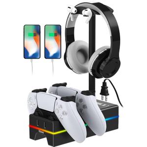 PS5 Controller Charger with USB Charging Port and AC Outlet, RGB DualSense Charging Station Dock for Playstation 5 Controllers with Headphone Stand, PS5 Accessories