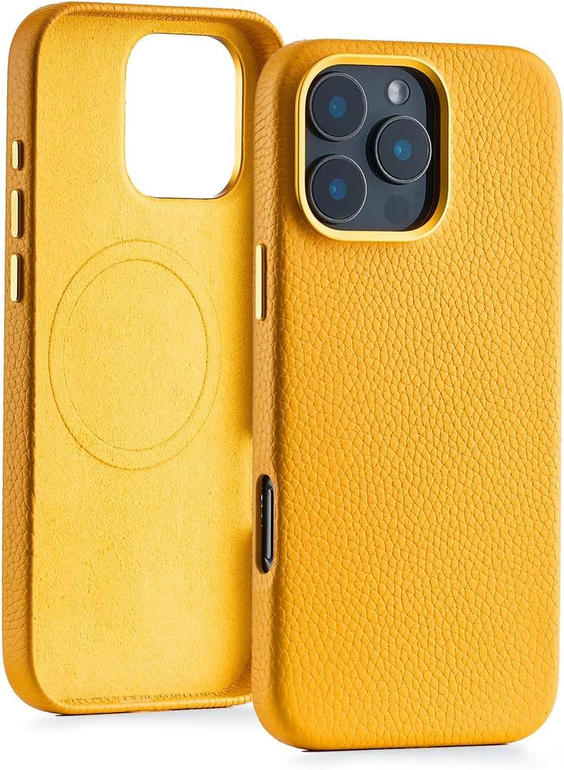 for iPhone 16 Pro Leather Case, Grain Cowhide Genuine Leather, Protective Case for iPhone 16 Pro 6.3 inch Compatible with Magsafe, Metal Buttons & Camera Bezel (Yellow)