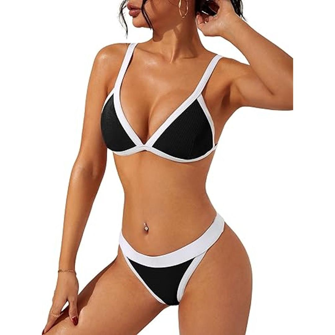 swimall Women's Triangle Bikini Set Sexy Brazilian Sporty Two Piece Swimsuit Cute Bathing Suit - Black - Medium