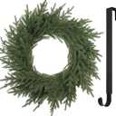 YUGALI 25” Norfolk Christmas Wreath with Lights Hanger for Front Door Artificial Real Touch Pine Greenery Branches Winter Outdoor Décor Indoor Wall Decorations