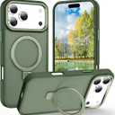 Magnetic for iPhone 17 Pro Case with Ring Stand, [10 FT Drop Protection] [Velvety Touch] Slim Translucent Matte Back Shockproof Phone Case for iPhone 17 Pro 6.3'', Midnight Green