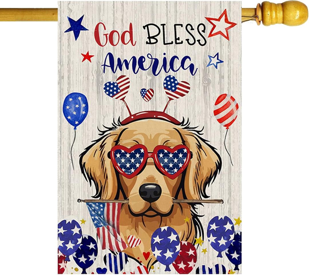 God Bless America Wood Cute Dog Balloons Stars Patriotic America 4th of July Memorial Day Independence Day House Flag Large 28X40 Inch Big Vertical Double Sided Outside Yard Outdoor Outside Holiday Decoration
