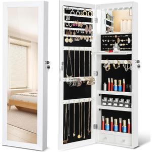 Jewelry Armoire Organizer with Full Length Mirror, Door or Wall Mounted,Lockable Storage Cabinet, Interior Mirror, White
