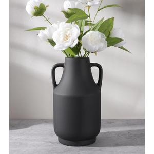 Black Ceramic Flower Vase with Handles, 11 in Tall Rustic Farmhouse Pottery Vases Decorative Large Vases for Living Room Entryway Kitchen Table Centerpieces Home Decor