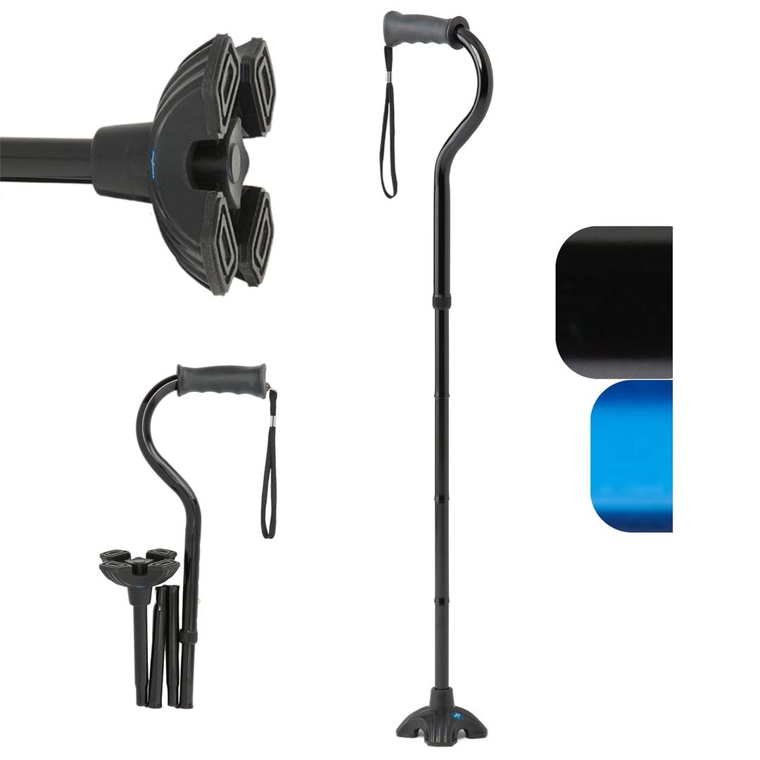 Medline Offset Folding Cane, 4Point Base with Cushioned Gel Handle, Supports up to 350 lbs, Black