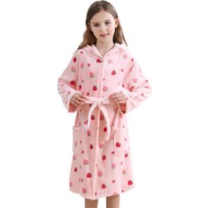 V.&GRIN Girls Fleece Hooded Robe, Kids Soft Plush Warm Printed Bathrobe Sleepwear Gifts (11-12 Years, Light Pink Strawberry)