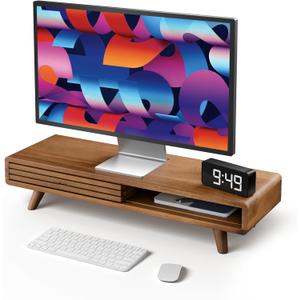 Tinamo 24" Wood Monitor Stand Riser with Sliding Door and Cable Management
