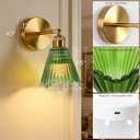 Vintage Battery Operated Wall Sconce with Green Crystal Grid Glass Lampshade Rechargeable Battery Powered Wall Light with Remote Control for Bedside Bedroom Bathroom, Set of 2