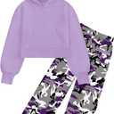 Girls Clothes Solid Crop Tops Hoodie Clothing Sets Straight Leg Sweatpants 2 Piece Outfits Fall Winter 6-14Y (11-12 Years, Purple Camo)