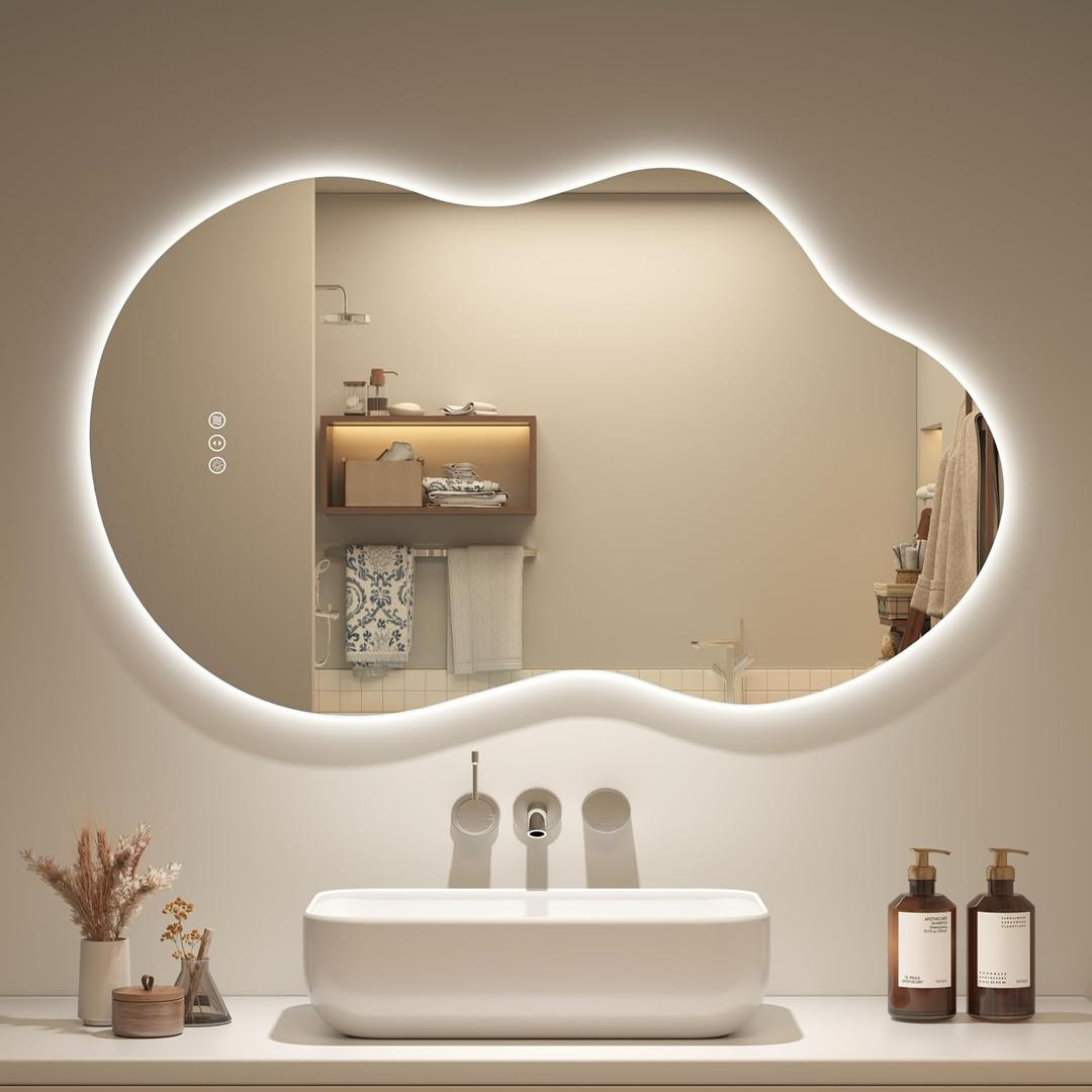 OKPAL Irregular Backlit Bathroom Mirror with Lights 40 x 24, Asymmetrical Cloud Led Lighted Vanity Mirror for Wall, Anit-Fog, Dimmable, Memory Function (Horizontal/Vertical)