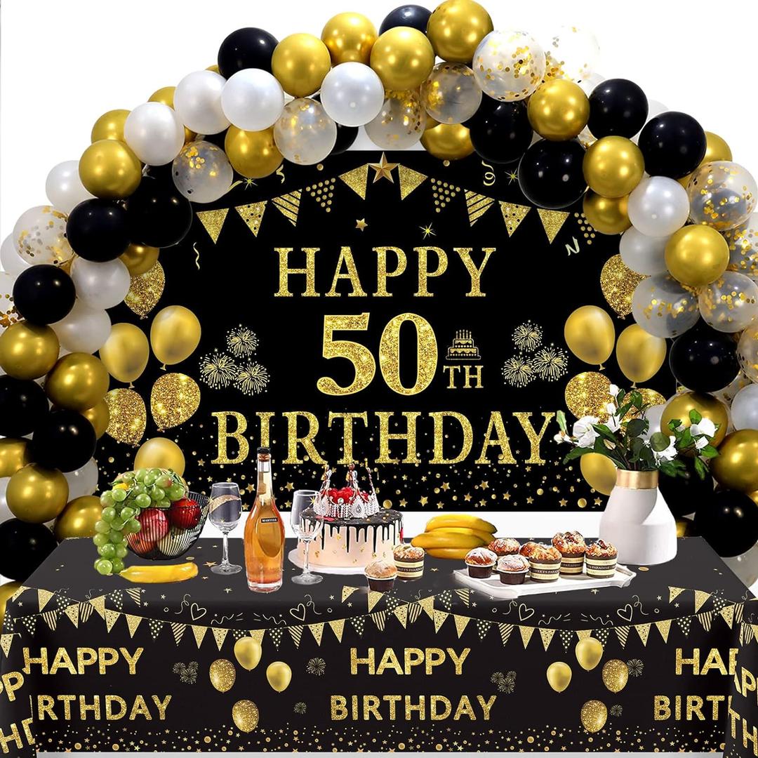Trgowaul 50th Birthday Decorations for Men Women - Black Gold Happy 50th Birthday Backdrop Banner, 2 Pcs Happy Birthday Tablecloth, 60 Pc Latex Confetti Balloons, 50 Years Old Birthday Party Supplies Trgowaul 50th Birthday Decorations for Men Women - Black Gold Happy 50th Birthday Backdrop Banner, 2 Pcs Happy Birthday Tablecloth, 60 Pc Latex Confetti Balloons, 50 Years Old Birthday Party Supplies