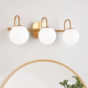 ZHUOER Modern Bathroom Vanity Light Fixtures 3 Lights Brushed Brass Frame and Milk White Glass Globe Shade Modern Wall Sconce Lighting Bath Vanity Lights Bar Over Mirror (Exclude G9 Bulb)