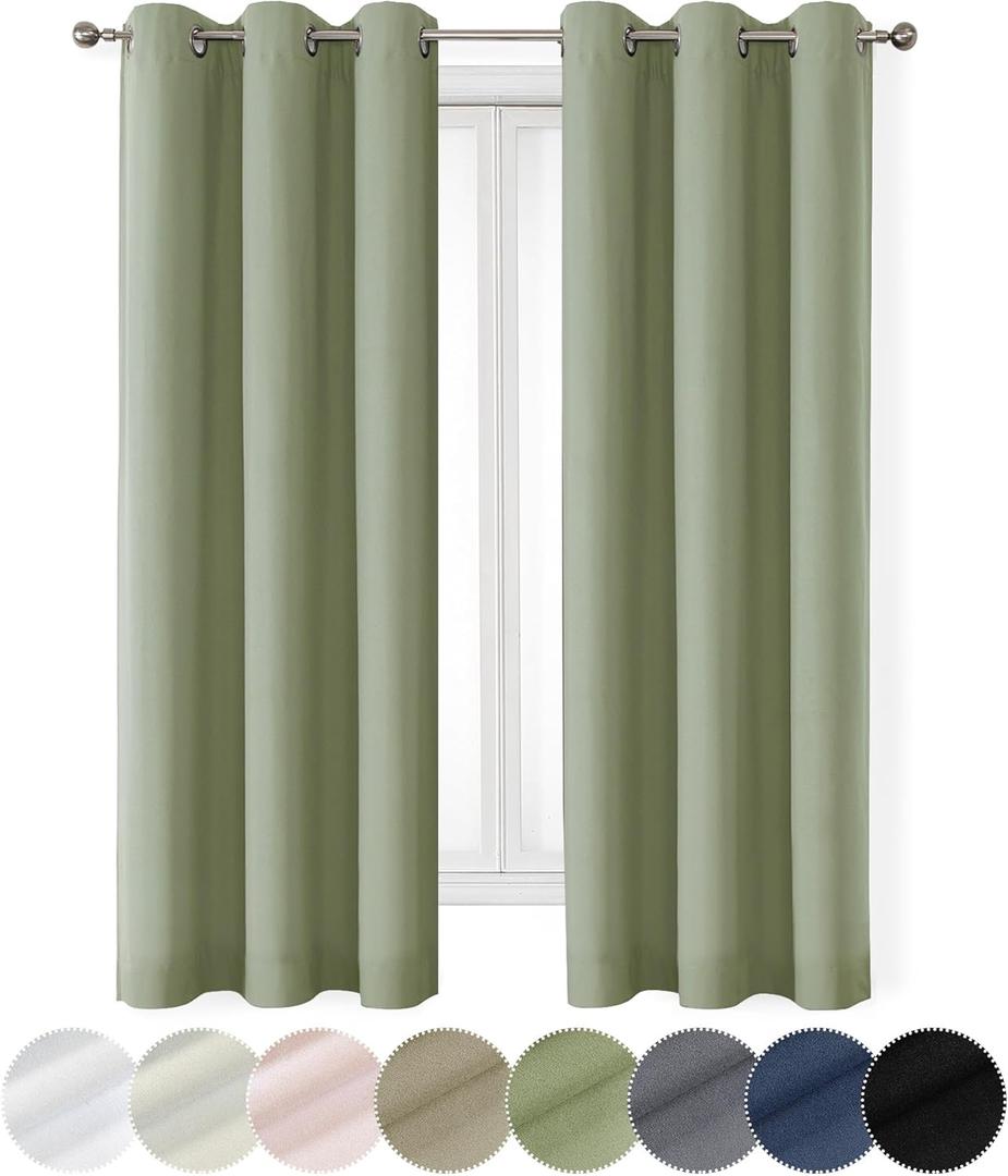 OWENIE Maya 100% Blackout Curtains 63 Inch Length 2 Panels Set, Warm Energy Saving Solid Light Blocking Curtains for Bedroom, Thermal Insulated Window Treatments, Sage Green, W37 x L63 inch (37"W x 63"L (Pack of 2))