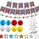 Cartoon Birthday Party Decorations, Party Supplies Happy Birthday Banner, Honeycomb Balls, Red Blue Theme Hanging Swirls, Circle Dots Garland, for Boys and Girls
