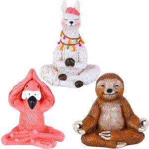 Mood Lab Garden Figurines - Flamingo, Llama & Sloth Set (3 pcs) in Yoga Meditation Pose - Miniature Decorative Statues - Outdoor & Indoor Decor