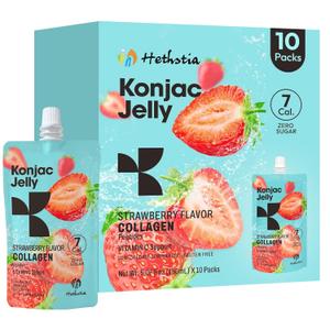 Hethstia Konjac Jelly Strawberry Flavor with Collagen Peptides  10 Pouches Drinkable Strawberry Jello, 7 Kcal, 0 Sugar, Keto, Gluten-Free, Vitamin C Healthy Snacks & Food Gifts