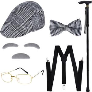 hoyuwak 7 PCS 100 Day of School Costume Old Man Costume Grandpa Costume Accessories Set include Moustache Eyebrows Cane Glasses Bow Tie and Newsboy Hat