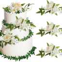 RAYNAG 3 Pieces Wedding Flower Cake Topper Wedding Cake Decorations Engagement Cake Topper Artificial Rose Cake Decorations Birthday Cake Flower for Baby Shower Engagement Anniversary Party Supplies (White)