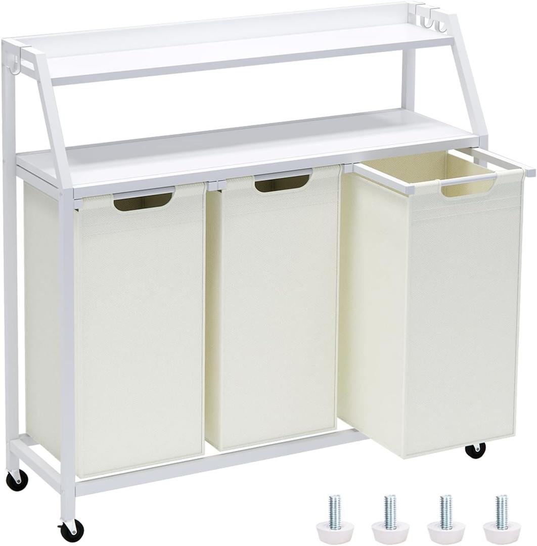 Laundry Hamper, Laundry Sorter 3 Section, Rolling Laundry Basket with Wheels, 2 Shelves, 3  14.5 Gal, Pull-Out and Removable Oxford Fabric Bags, for Laundry Room, White and Beige