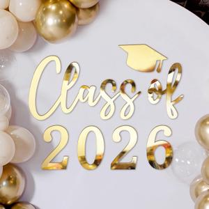 Class of 2026 Sign for Backdrop Gold Acrylic Mirror Decal Letter Sticker Graduation Decor for Grad Party, Congrats Grade 2026 Grad Party Graduation Event Planner Vinyl Decal, 17.3 4.8 inches, 20.1 5.9 inches