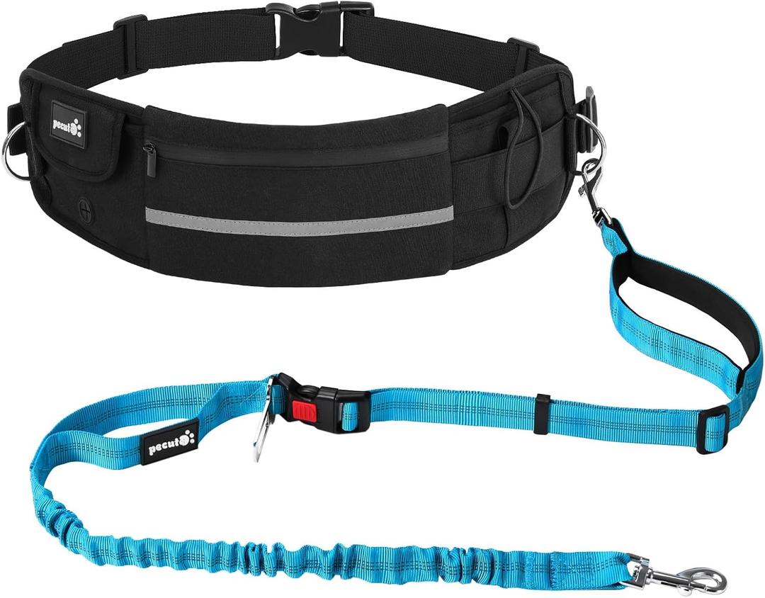 Pecute Hands Free Dog Leash with Pouch, Waist Belt Fanny Pack with Soft Padds, Dual Padded Handles and Durable Bungee for Walking, Hiking, Jogging Biking, and Running (Black + Blue 2.0)
