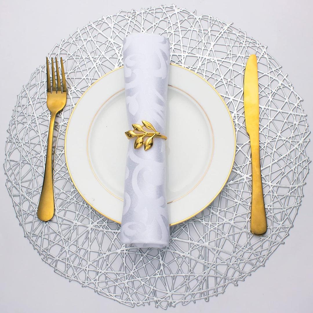 Evevda Silver Round Placemats for Dining Table Set of 6 Metallic Pressed Vinyl Circle Table Mats Wipeable Hollowout Place Mats for Table Decor Holiday Wedding Accent Centerpiece(Line, Silver)