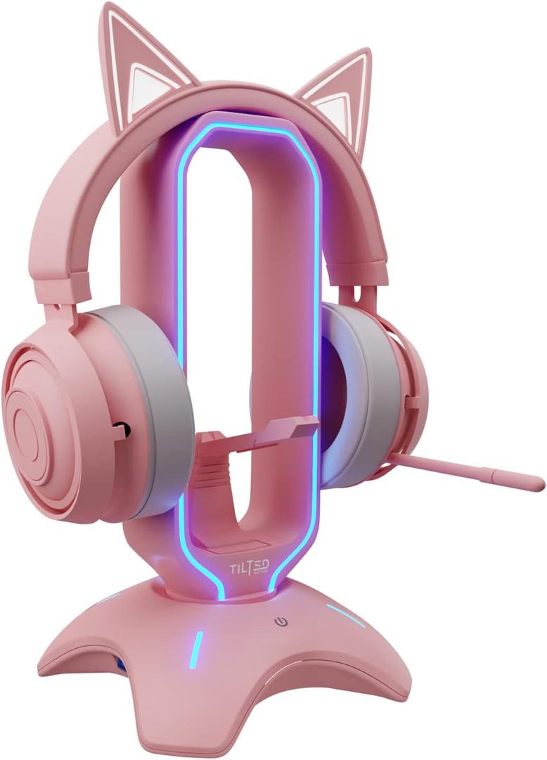 Tilted Nation RGB Gaming Headset Stand - 3 in 1 Pink with Mouse Bungee and 2 Port USB Hub Charger - The Ultimate Accessory and Gamer Gift - Headphone Holder for Desk (Pink)