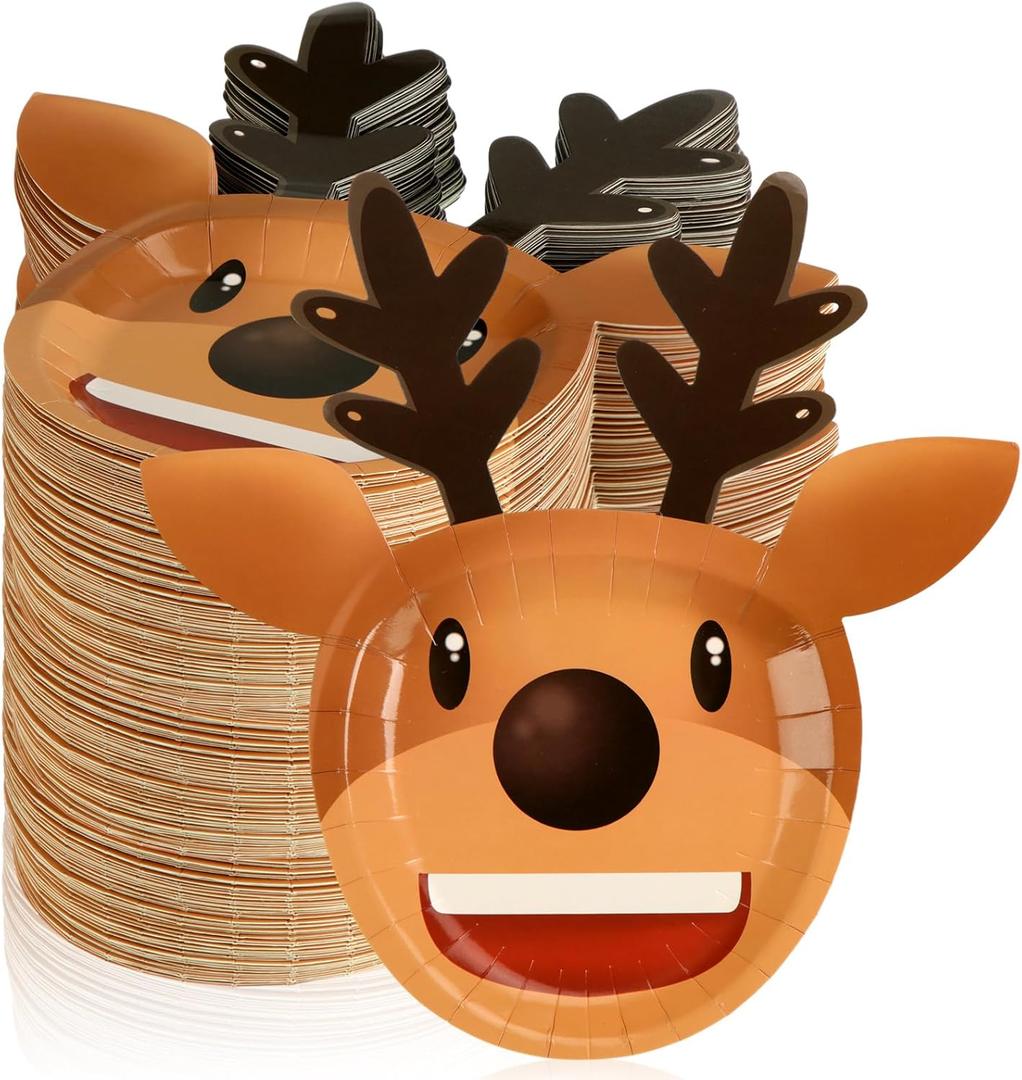 100 Pcs Christmas Paper Plates Disposable Christmas Dinner Dessert Paper Plates for Winter Party Table Supplies(Reindeer)