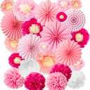 WILLBOND 24 Pcs Valentine's Day Paper Fans Decoration Set Including 12 Tissue Flowers 6 Hanging Fans Garlands Decoration 6 Paper Poms Ball Decor Flowers Kit for Wall Wedding Birthday(Rose Pink)