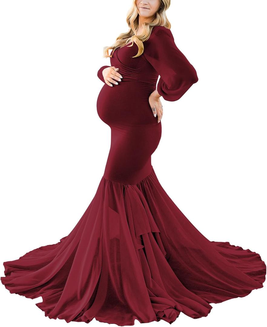 Saslax Long Chiffon Sleeve Tired Mermaid Maternity Dress for Photoshoot Photography Baby Shower (Medium, Burgundy)