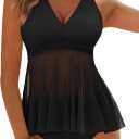 Women's Tankini Sets Tummy Control Flowy Mesh Top Full Coverage High Waisted Bottom V Neck Two Piece Swimsuits (Black, XL)