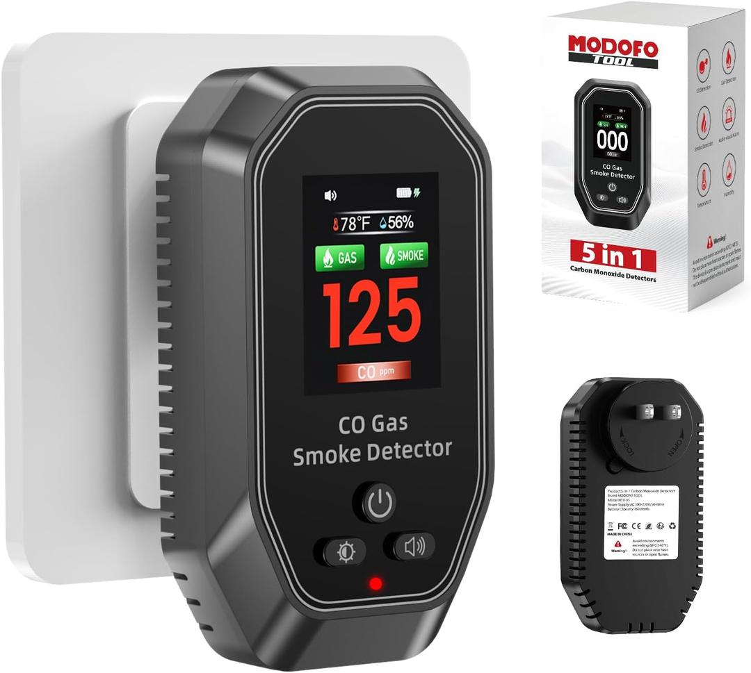 5 in 1 Portable Carbon Monoxide Detectors Plug in, MODOFO TOOL Smoke and Carbon Monoxide Detector with Built-in Battery, Natural Gas Leak Detector, HD Display for CO, Gas, Smoke, Temp, Humidity Black
