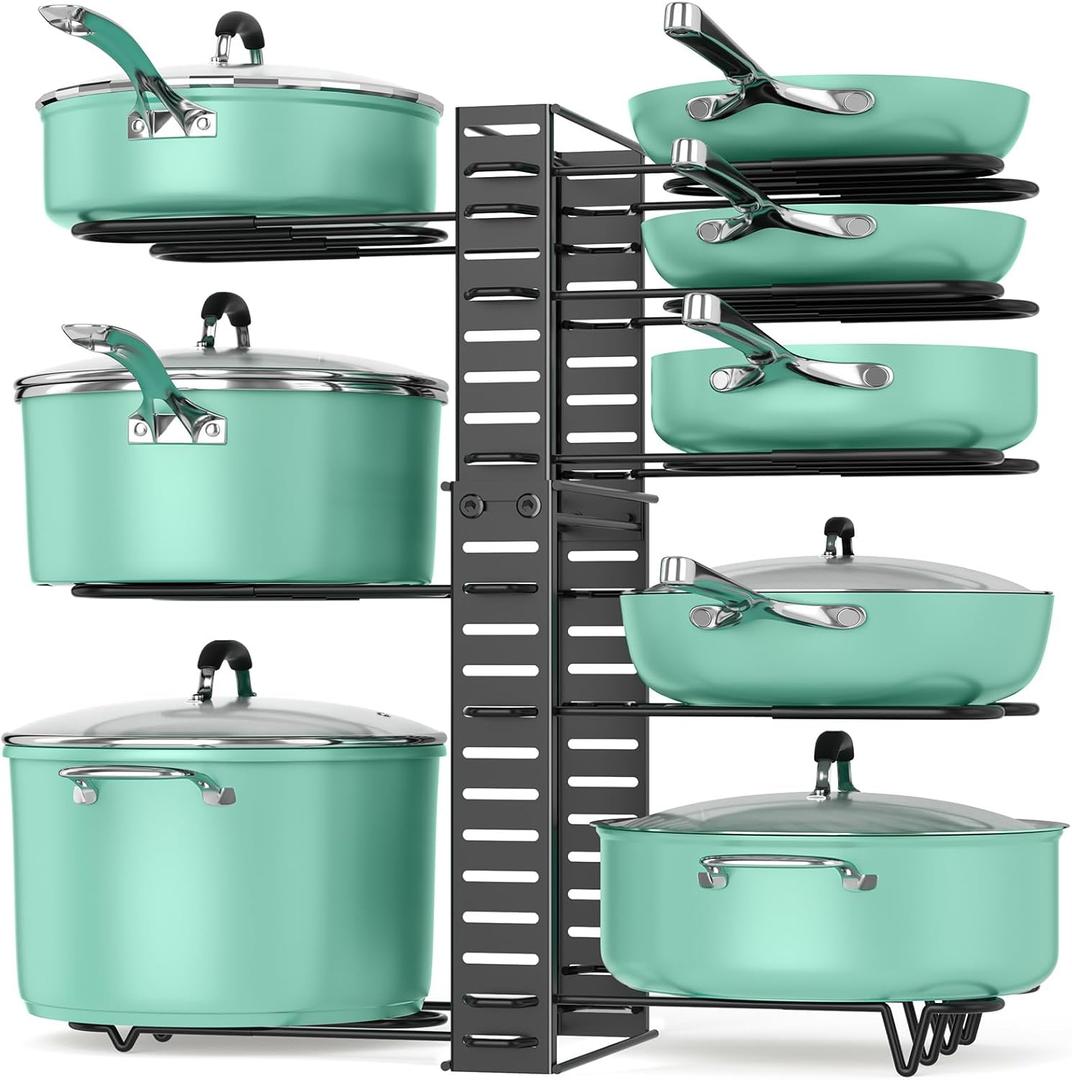 ORDORA Pots and Pans Organizer under Cabinet, 8 Tier Pot Organizers Rack Expandable 11.65" to 19.02" Height with 3 DIY Methods, Adjustable Pan Organizer inside Cabinet Kitchen Storage Organization