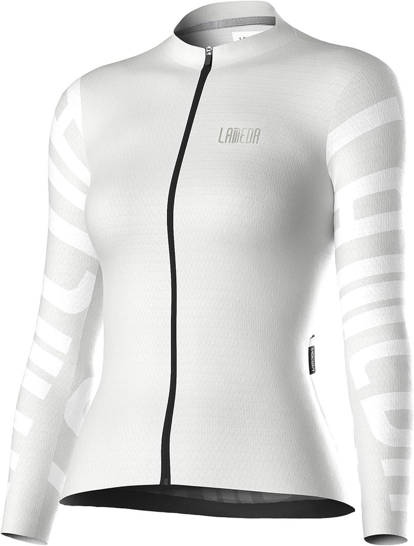 LAMEDA Cycling Jersey Women Long Sleeve, Breathable Bike Jersey with Pockets, Bike Shirts for Bicycle Road Biking Riding (Medium, White)