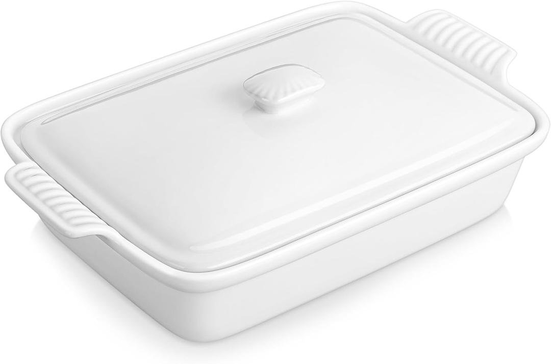 MALACASA 3.4 Quart Baking Dish With Lid, Porcelain Casserole dish with Lid, 13 x 9 Lasagna Pan Deep with Lid, Rectangular Bakeware With Handle, Microwave, Oven Safe, White, Series BAKE