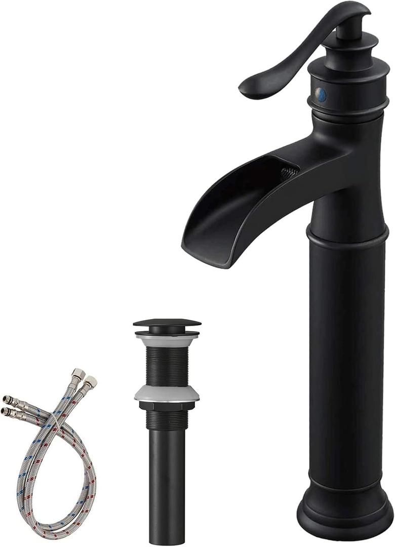 BWE Vessel Sink Faucet Waterfall Matte Black with Pop Up Drain Without Overflow and Supply Lines, Black Sink Faucet Bathroom One Handle Faucets Vanity Bath Mixer Tap